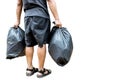 Back view,Man holding a black trash bag containing garbage in his hands,two plastic bags of rubbish for separating recycling and Royalty Free Stock Photo