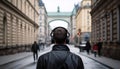 Back view of a man listening to music with headphones in the city, AI generated Royalty Free Stock Photo