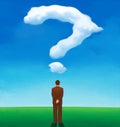 Back view of a man looking at a cloud shaped like a question mark