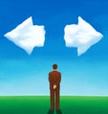 Back view of a man looking at two clouds arrow-shaped