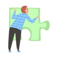 Back View of Man Solving Jigsaw Puzzle, Person Trying to Connect Big Green Puzzle Element Cartoon Style Vector Royalty Free Stock Photo