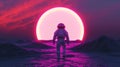 back view of man in spacesuit walks to the pink glowing moon Royalty Free Stock Photo