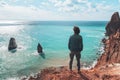 Man traveler over cold sea landscape Royalty Free Stock Photo