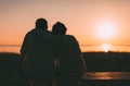 Back view a married couple a silhouette sitting on a bench. Royalty Free Stock Photo