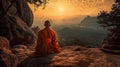 Back View Of A Meditating Buddhist Monk Finds Tranquility Amidst Stunning Mountainous Landscape At Beautiful Sunset - Generative