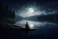 Back view of meditating man sitting by a lake with reflection of moonlight on the water Royalty Free Stock Photo