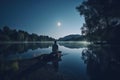 Back view of meditating man sitting by a lake with reflection of moonlight on the water Royalty Free Stock Photo