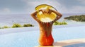Back view middle age woman Suntan lotion applying sunscreen solar cream on the poolside and looking view with seashore Royalty Free Stock Photo