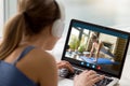 Millennial girl watch yoga training on laptop online Royalty Free Stock Photo