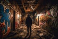 Back view of a moody man inside a dilapidated painted building. Generative AI