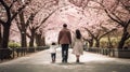 Back view of a mother, father and a baby walking at the park of cherry blossom. Generative AI Royalty Free Stock Photo