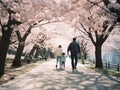 Back view of a mother, father and a baby walking at the park of cherry blossom. Generative AI Royalty Free Stock Photo