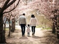 Back view of a mother, father and a baby walking at the park of cherry blossom. Generative AI Royalty Free Stock Photo