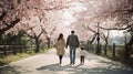 Back view of a mother, father and a baby walking at the park of cherry blossom. Generative AI Royalty Free Stock Photo