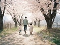 Back view of a mother, father and a baby walking at the park of cherry blossom. Generative AI Royalty Free Stock Photo