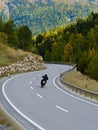 Back view of motorcyclist in black jacket and helmet riding sportbike along twisty road between tall green trees and beautiful