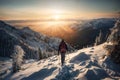 Back view of mountaineer ski waling on a snow-covered mountainside, surrounded by a serene winter landscape. The image captures