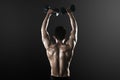 Back view of muscled man lifting dumbbells Royalty Free Stock Photo