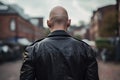 Back view of neo nazi with shaved heads and leather jacket