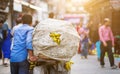 Nepalese man carrying bananas on bike