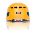 Back view of orange climbing helmet