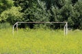 Back view of partially rusted old white metal soccer football goal post without net left on large field surrounded with tall grass Royalty Free Stock Photo