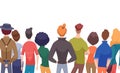 Back view people. standing crowd of male and female persons. Vector cartoon people