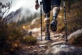 Back view of person with prosthetic leg doing trekking in outdoors.