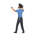 Back view of policeman pointing with gun