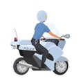 Back view of policewoman riding motorcycle