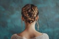 Back view portrait of young beautiful woman with blonde hair and braid hairstyle natural style Royalty Free Stock Photo