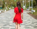 Back view portrait, young slender woman in red dress Royalty Free Stock Photo