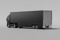 Back View Of Powerful Black Semi Truck With Empty Space On Refrigerator For Long Haul Delivery. 3d rendering