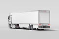 Back View Of Powerful White Semi Truck With Empty Space On Refrigerator For Long Haul Delivery. 3d rendering