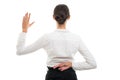 Back view of pretty bussines woman showing fake oath gesture