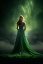 back view of a pretty young woman wearing a long flowing green dress