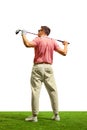 Back view. Professional golfer hit sweeping driver after hitting golf ball down fairway at golf club. Hobby in holiday Royalty Free Stock Photo