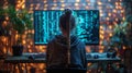 Back view of a programmer working with a computer in the office. AI Generated
