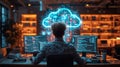Back view of a programmer working with a computer in the office. AI Generated.