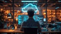 Back view of a programmer working with a computer in the office. AI Generated.