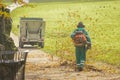Back view of a public worker using leaf blower to clean path in a park from fallen leaves. Autumn scene in park Royalty Free Stock Photo