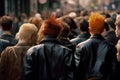 Back view of punks in leather jackets with colorful hair in crowd. Generative AI Royalty Free Stock Photo