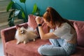 Back view of redhead young woman taking photo on her pretty white small Spitz pet dog sitting on comfortable sofa, in Royalty Free Stock Photo