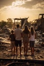 back view of refugee family looking at destroyed home after war, desperate people near demolished house after natural Royalty Free Stock Photo