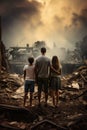 back view of refugee family looking at destroyed home after war, desperate people near demolished house after natural Royalty Free Stock Photo