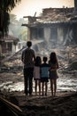 back view of refugee family looking at destroyed home after war, desperate people near demolished house after natural Royalty Free Stock Photo