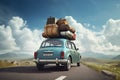 Back view of a retro car with luggage on the roof. Car on the road with a lot of suitcases on roof. Family travel on Royalty Free Stock Photo