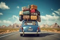 Back view of a retro car with luggage on the roof. Car on the road with a lot of suitcases on roof. Family travel on Royalty Free Stock Photo