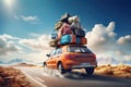 Back view of a retro car with luggage on the roof. Car on the road with a lot of suitcases on roof. Family travel on Royalty Free Stock Photo