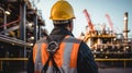 Back view of rig worker on oil platform. Offshore oil and gas industry